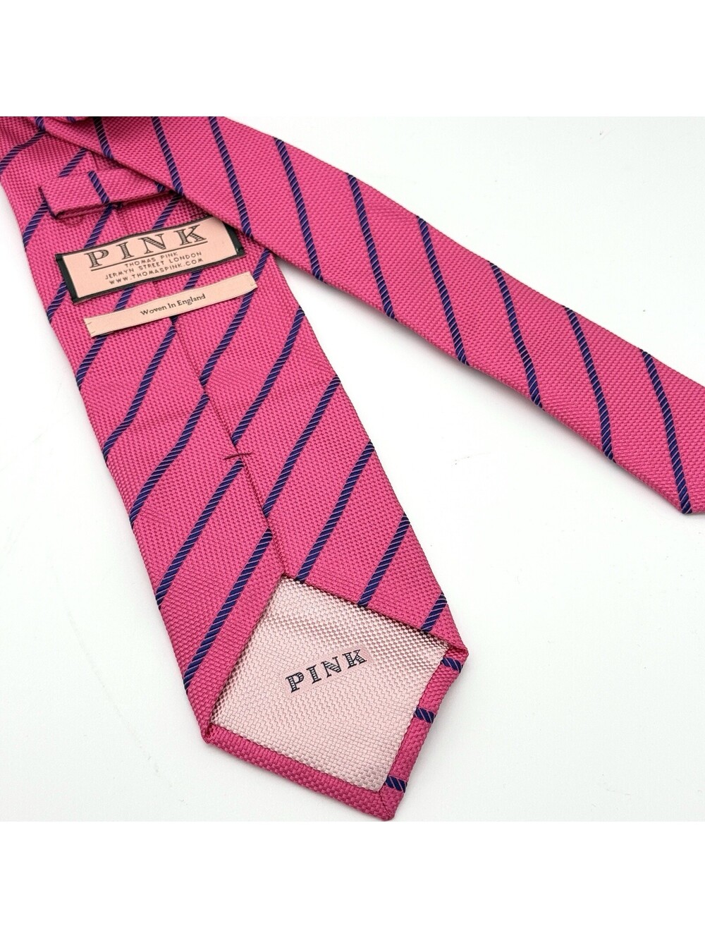 Thomas Pink Woven In England Mens Tie Pink Navy Striped 100% Silk Luxury Design